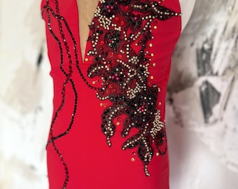Red Rhinestone Leotard, Handmade Black Lace Dance Costume, Adult Small, Lyrical Jazz Acro Competition Solo, Ships Fast