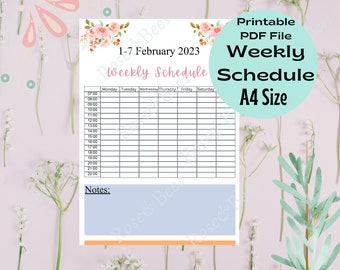 Hourly Schedule Landscape | Weekly Schedule  | Weekly Planner Printable | Week At a Glance | Weekly Agenda | Hourly To Do List | A4 PDF File