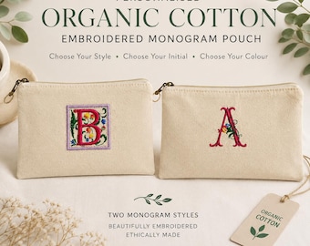 Pochette personnalisée brodée avec monogramme, en toile de coton biologique, avec fermeture éclair, trousse de maquillage initiale, étui à cosmétiques, trousse à crayons, cadeau pour elle | Organiseur
