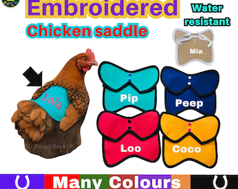 Gestickter HÜHNERSATTEL | Huhn Schürze | Henne Beschützer | Wasserdichte Leinwand | WINGS Rückenschutz | Geflügel Paaren | Gummizug | Größe