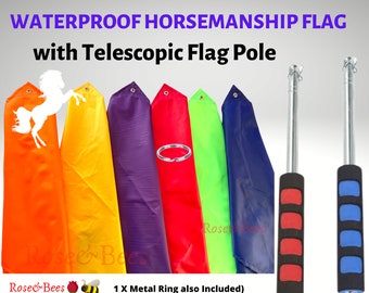May include: A set of six colourful waterproof flags with a white horse design, a metal ring, and two telescopic flag poles with black and red, and black and blue handles.  WATERPROOF HORSEMANSHIP FLAG with Telescopic Flag Pole. 1 X Metal Ring also Included)