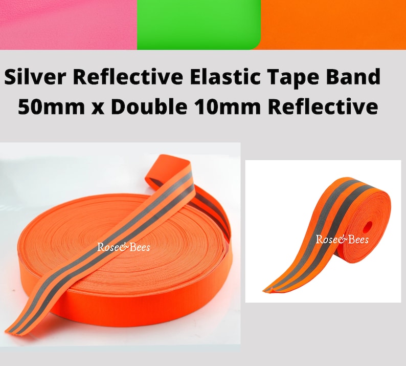 Peut inclure: Un rouleau de ruban &eacute;lastique orange de 50 mm de large avec deux bandes r&eacute;fl&eacute;chissantes argent&eacute;es de 10 mm de large. Le ruban est enroul&eacute; et les bandes r&eacute;fl&eacute;chissantes sont visibles sur l'ext&eacute;rieur du rouleau.