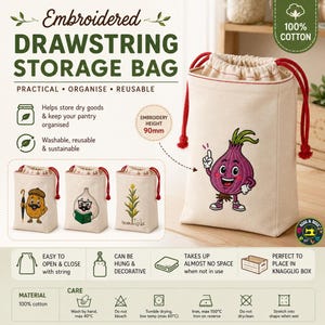Embroidered Cotton Drawstring Food Storage Bag | Pantry Storage Bag | Reusable Kitchen Organiser | Vegetable Storage Sack | Onion Bag |Store