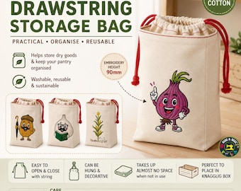 Embroidered Cotton Drawstring Food Storage Bag | Pantry Storage Bag | Reusable Kitchen Organiser | Vegetable Storage Sack | Onion Bag |Store