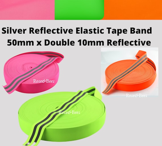 FLOURASCENT ELASTIC TAPE | 50mm Wide | Pink, Yellow, Orange, Blue | Double Silver Reflective  | Hi Viz Strip  | Warning Band
