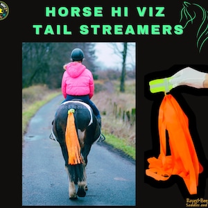 May include: A horse with a bright orange tail streamer attached to its tail. The streamer is made of hi-viz material and is designed to be seen by drivers. The horse is wearing a pink jacket and is being ridden by a person. The image also shows a close-up of the tail streamer.