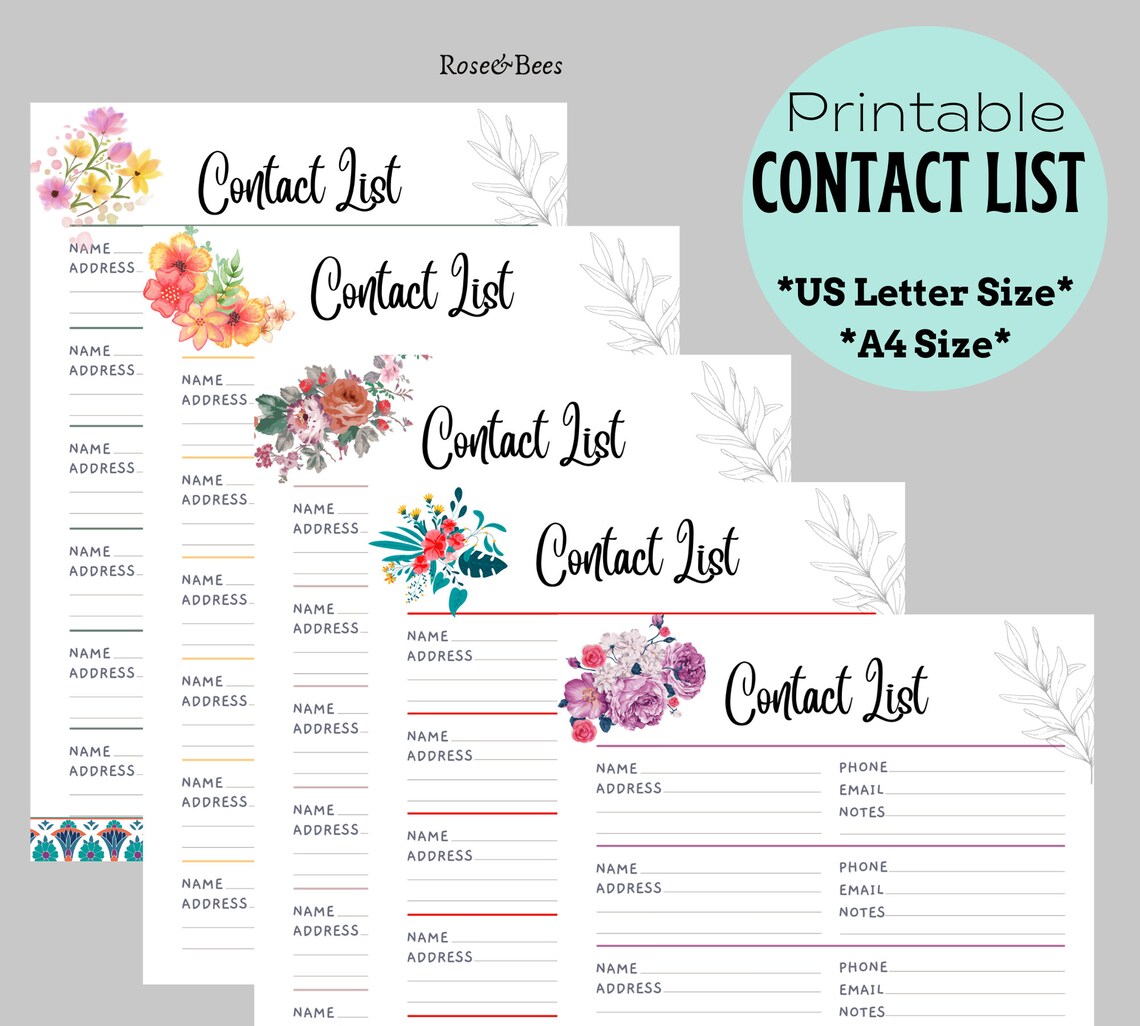 Printable Contact List Print at Home Address Book Template - Etsy