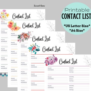 Printable Contact List | Print at Home | Address Book Template | Phone Directory | INSTANT DOWNLOAD | US Letter | Emergency Contact List pdf