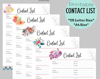 Printable Contact List | Print at Home | Address Book Template | Phone Directory | INSTANT DOWNLOAD | US Letter | Emergency Contact List pdf