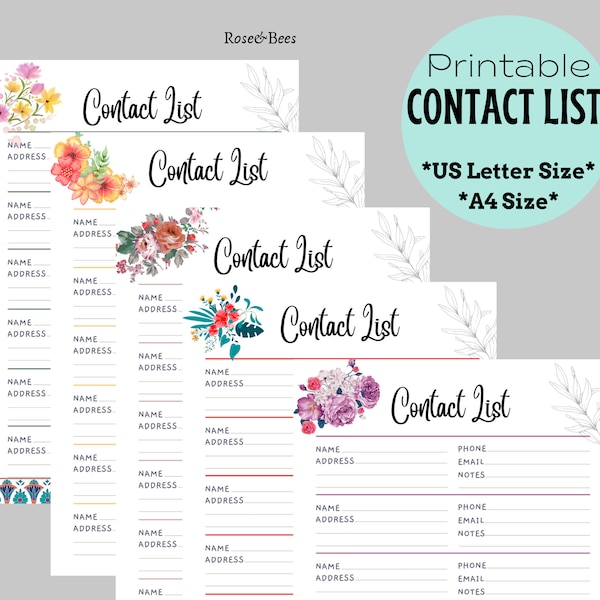 Printable Contact List | Print at Home | Address Book Template | Phone Directory | INSTANT DOWNLOAD | US Letter | Emergency Contact List pdf