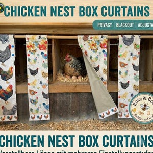 May include: Chicken nest box curtains featuring a white fabric with a colourful chicken and floral print. The curtains are hung on a wooden rod over wooden nesting boxes, with one panel partially lifted to reveal a hen sitting on eggs inside.
