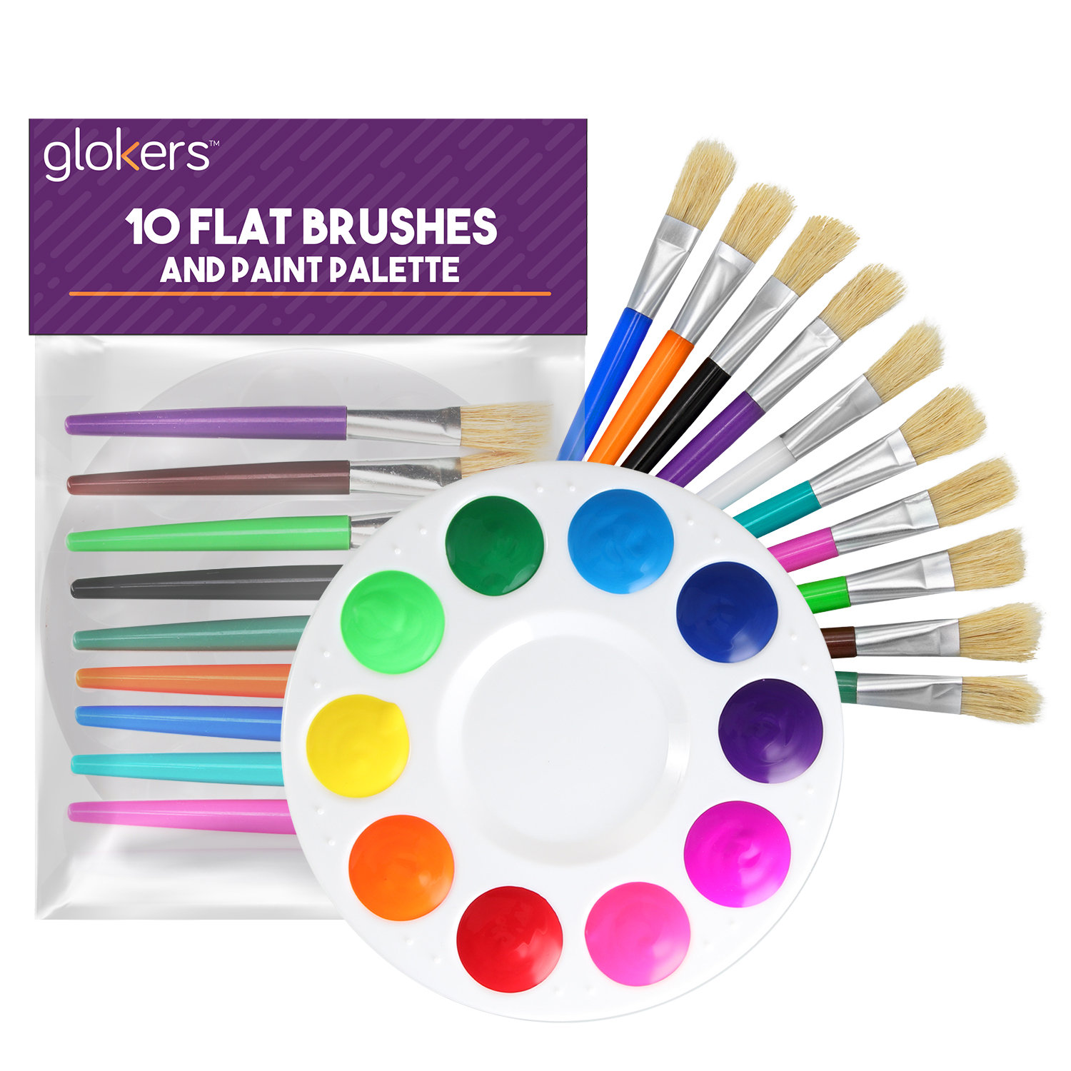 Glokers 10-Piece Kid's Paint Brushes Set with Paint Palette - Set of 10 Flat Paintbrushes, Easy to Clean - Art Supplies Perfect for Home, School