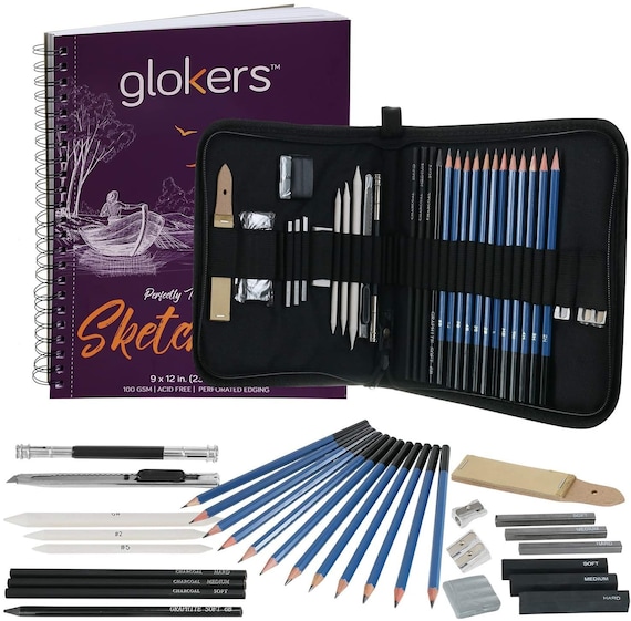 Glokers 33-Piece Drawing Art Set Drawing Sketch Pad, Shading Pencils