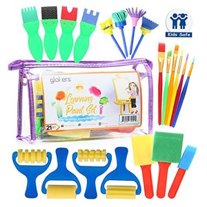 Glokers Early Learning Kids Paint Set, 21 Piece Mini Flower Sponge Paint Brushes. Assorted Painting Drawing Tools in a Durable Storage Pouch
