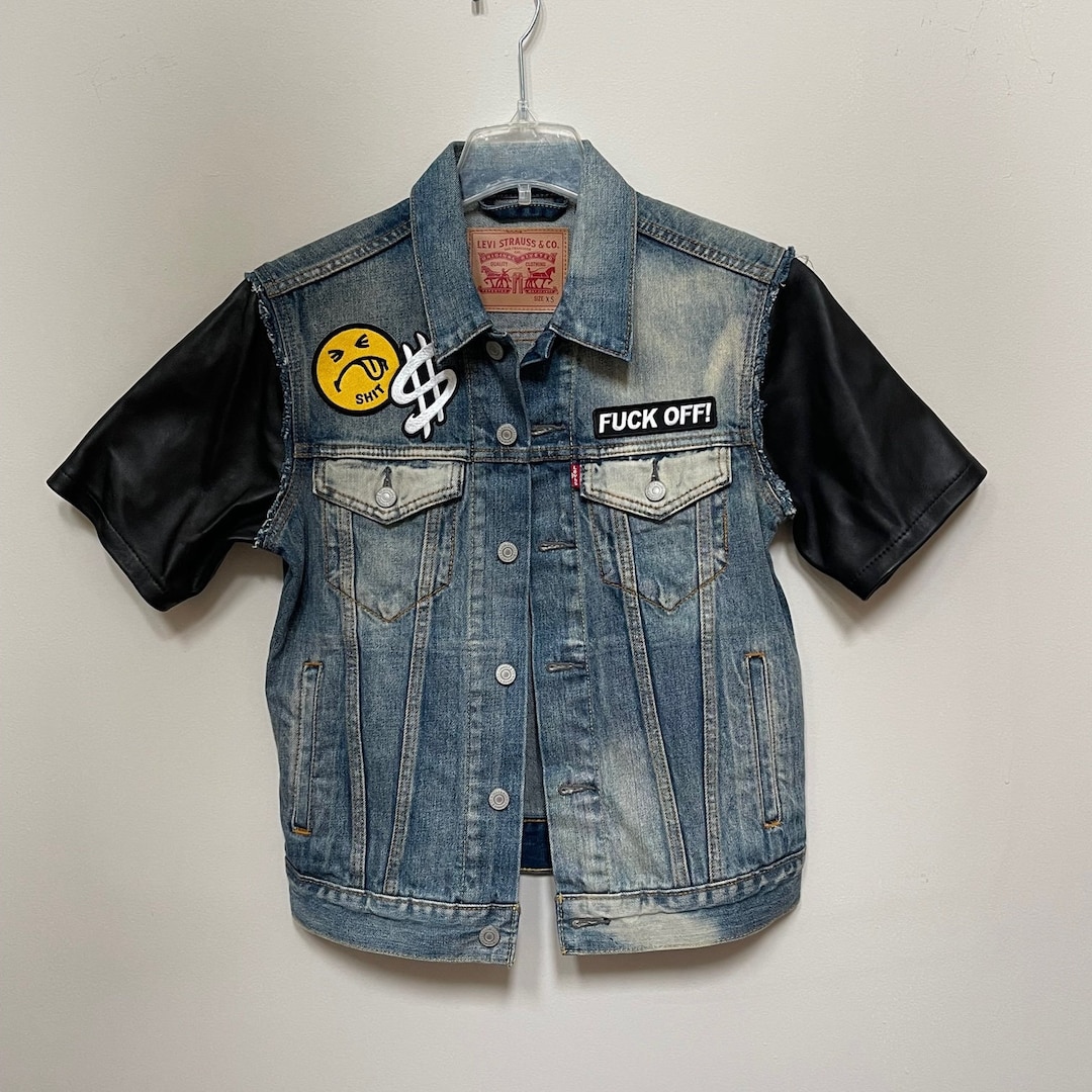 Denim & Patch Vest With Calfskin Leather Sleeves Etsy