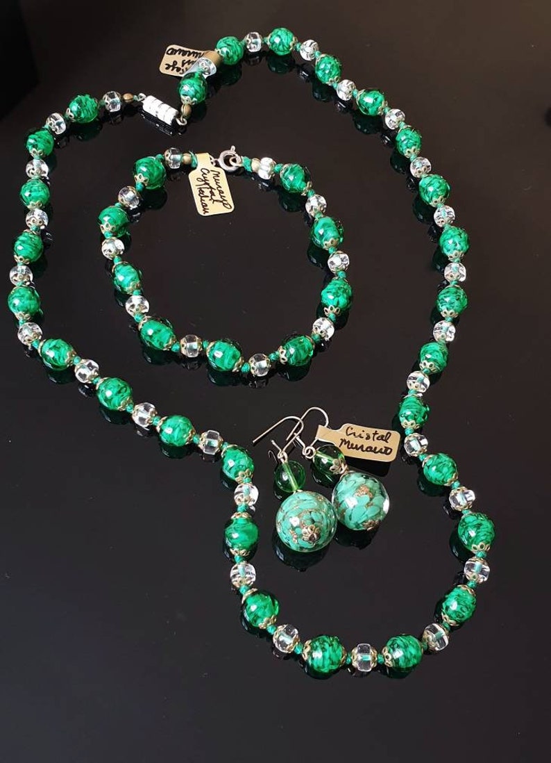 Murano Glass Necklace Earrings and Bracelet Vintage Murano Glass Jewelry Green Venetian Glass Wedding Cake Set Italian Glass Earrings