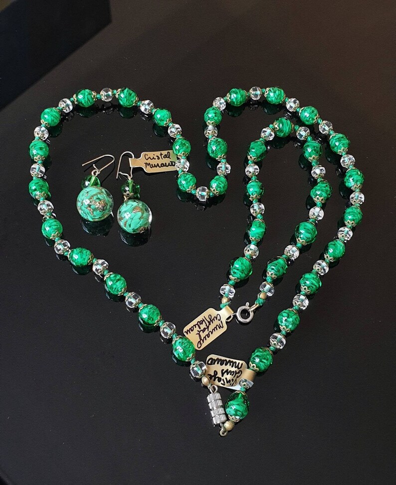 Murano Glass Necklace Earrings and Bracelet Vintage Murano Glass Jewelry Green Venetian Glass Wedding Cake Set Italian Glass Earrings