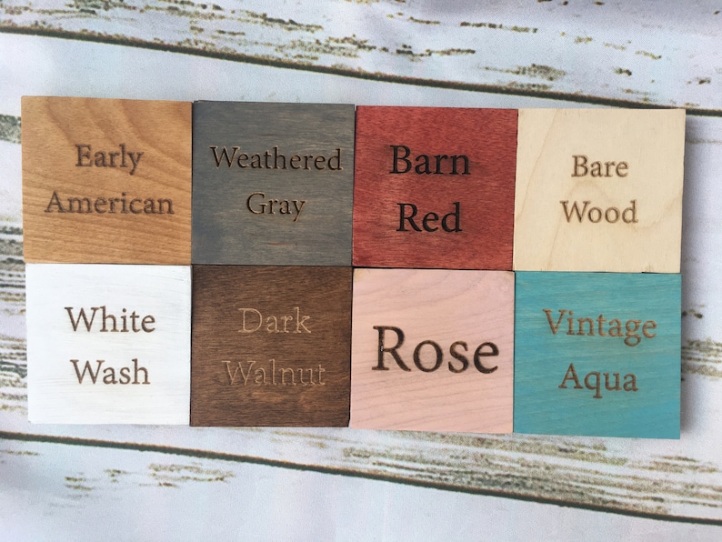 May include: Eight wooden blocks, each stained a different color, with the name of the stain written on the block. The colors are: Early American, Weathered Gray, Barn Red, Bare Wood, White Wash, Dark Walnut, Rose, and Vintage Aqua.