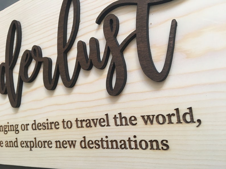 May include: A wooden sign with the word "wanderlust" written in a decorative font. The sign also includes the definition of wanderlust: "a strong longing or desire to travel the world, and explore new destinations."