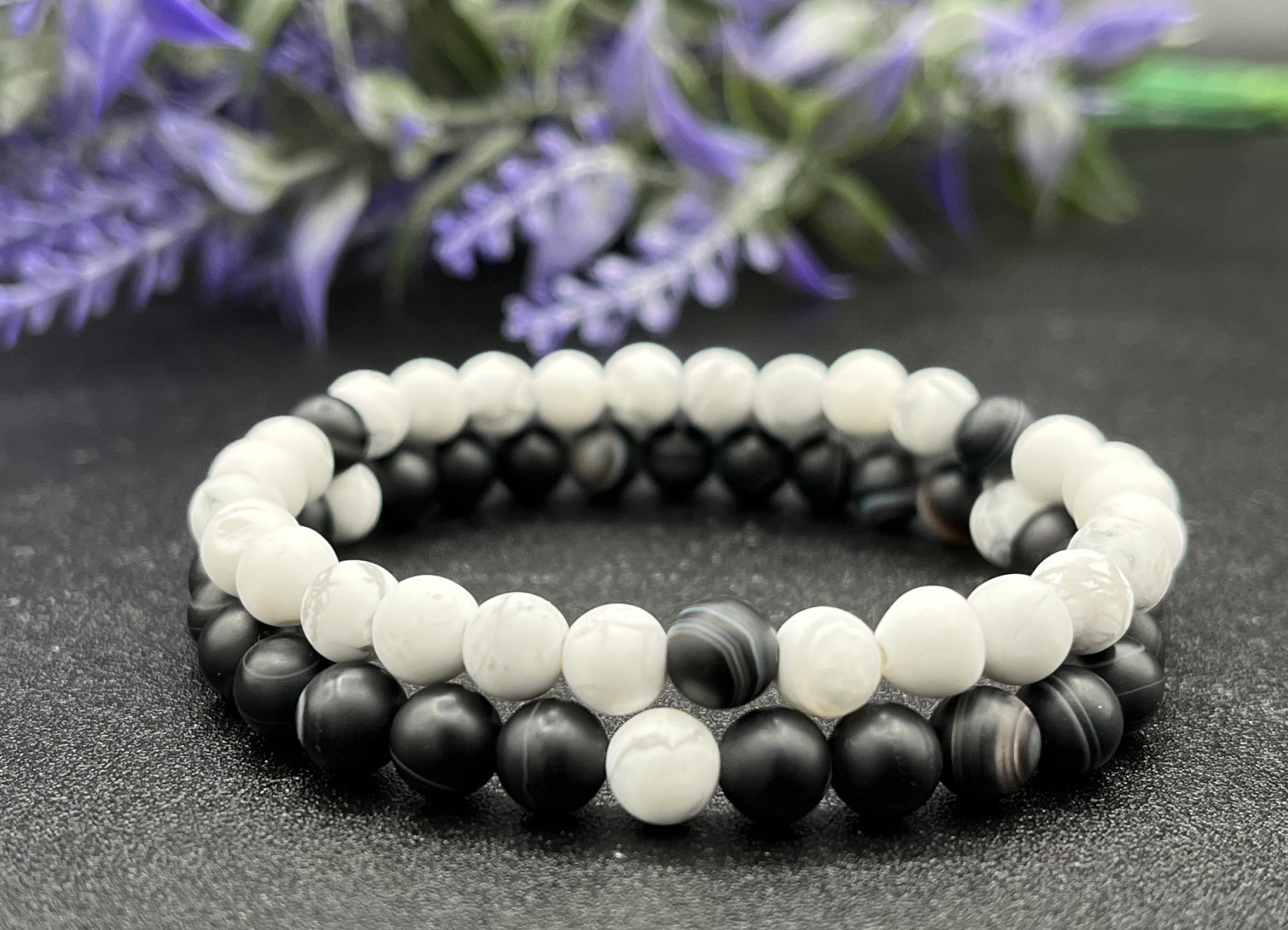 Long Distance Bracelets Couples Matching Bracelets Black and White Set of 2