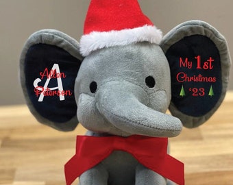 Baby's First Christmas Gift, Stuffed Elephant with Custom Name & Christmas Hat, My 1st Christmas Ornament, New Baby Christmas Gift Decor