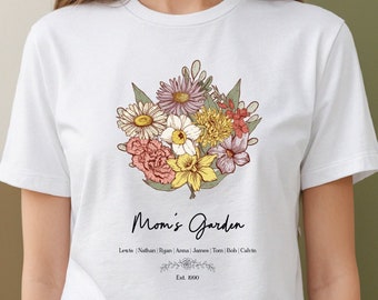 Gepersonaliseerde T-shirt geboortebloemboeket: bloemencadeau mama's tuin