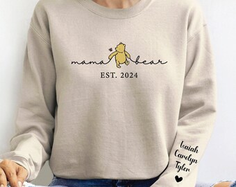 Mama Bear Est 2024 Sweatshirt, Mama Bear with Kids Name on Sleeve, Personalized Mom Sweatshirt, Gift for Mother's Day, Custom Gift for Mom