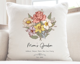 Coussin personnalisé pour bouquet de fleurs de naissance | Jardin de maman, coton personnalisé