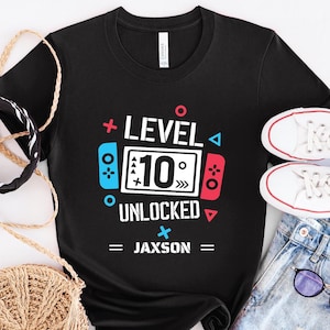 Custom Gamer Birthday Shirt, Level 10 Unlocked Tee, Gaming Shirt, Video Game Birthday Outfit, Level Up Party Shirt, Birthday Boy Name Shirt