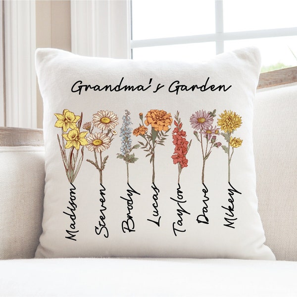 Custom Grandma's Garden Pillow, Personalized Birthflower Pillow, Nana's Garden Pillow with Grandkids, Gift for Grandma, Mother's Day Gift