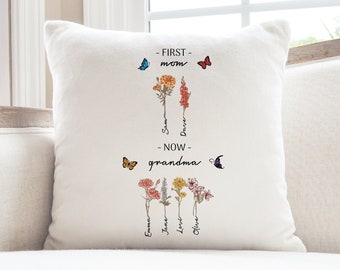 Custom First Mom Now Grandma Pillow, Family Blossoms Pillow, Grandma&#39;s Garden Pillow with Grandkids, Unique Family Gift, Mother&#39;s Day Gift