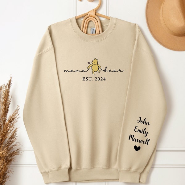 Benutzerdefinierte Mama Bär Est 2024 Sweatshirt, Mama Bär mit dem Namen der Kinder auf dem Ärmel, personalisiertes Mama Sweatshirt, Geschenk für Muttertag, Geschenk für Mama