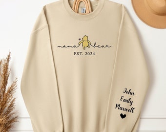 Custom Mama Bear Est 2024 Sweatshirt, Mama Bear with Kids Name on Sleeve, Personalized Mom Sweatshirt, Gift for Mother's Day, Gift for Mom