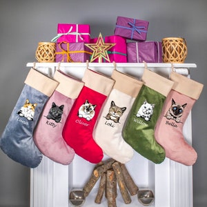 Cat Christmas Velvet Stockings, Personalized Christmas Cat Stockings, Custom Velvet Stocking, Pet Stockings, Christmas Decoration for Family image 1