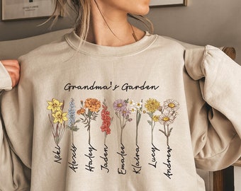 Grandma's Garden Sweatshirt, Custom Birthflower Sweatshirt, Gift for Grandma, Love Grows Here, Mom's Garden