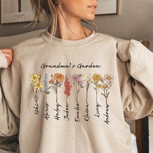 Grandma's Garden Sweatshirt, Custom Birthflower Sweatshirt, Gift for Grandma, Love Grows Here, Mom's Garden