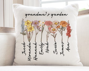 Coussin de jardin de grand-mère personnalisé, coussin de fleurs de naissance personnalisé, coussin de jardin de grand-mère avec petits-enfants, cadeau pour grand-mère, cadeau de Noël