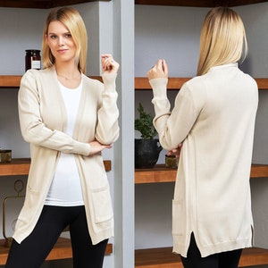 Beige Cardigan with Long Sleeves, Cardigan with Pockets, Soft Cotton Blend Cardigan, Long Stylish Cardigan, Mothers Day Gift, Gift for Her