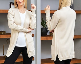 Beige Cardigan with Long Sleeves, Cardigan with Pockets, Soft Cotton Blend Cardigan, Long Stylish Cardigan, Mothers Day Gift, Gift for Her