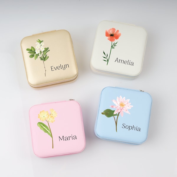 Custom Birthflower and Name Jewelry Box, Personalized Jewelry Storage, Bridesmaid Gift, Christmas Gift, Unique Custom Jewelry Organizer