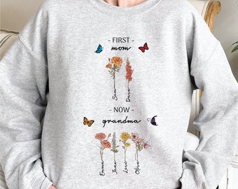 Sweat grand-mère fleurs de naissance, cadeau de famille personnalisé