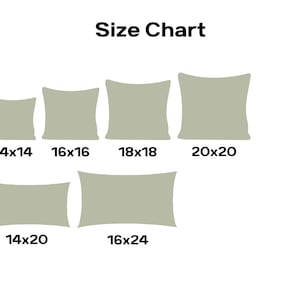 May include: A size chart displays pillow dimensions in inches: 14x14, 16x16, 18x18, 20x20, 14x20, and 16x24. The pillows are illustrated in a light green color against a white background, with the text "Size Chart" at the top.