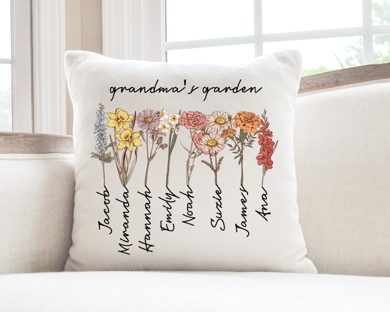 Custom Grandma's Garden Pillow, Personalized Birthflower Pillow, Grandmas Garden Pillow with Grandkids, Gift for Grandma, Christmas Gift image 1