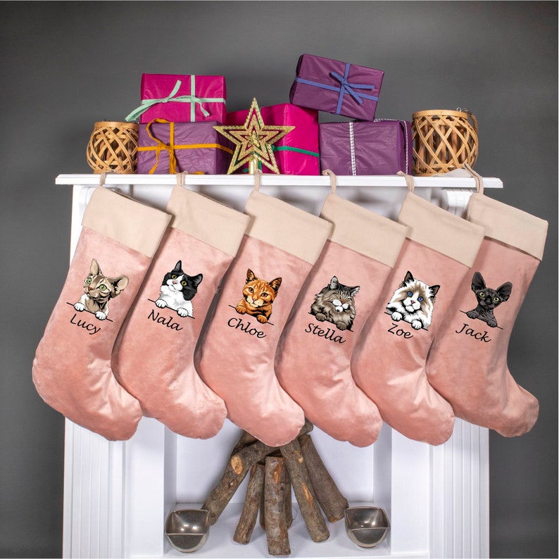 Cat Christmas Velvet Stockings, Personalized Christmas Cat Stockings, Custom Velvet Stocking, Pet Stockings, Christmas Decoration for Family image 2