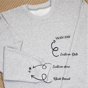 Custom Embroidered Roman Numeral Crewneck Personalized Date and Initial Crewneck Couples Sweatshirts Matching Sweatshirts for couples image 4