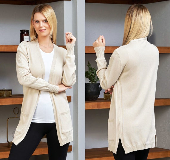 Beige Cardigan With Long Sleeves, Cardigan With Pockets, Soft Cotton Blend  Cardigan, Long Stylish Cardigan, Mothers Day Gift, Gift for Her - Etsy