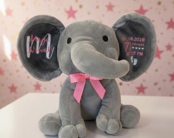 Éléphant en peluche personnalisé - Cadeau de baby shower personnalisé, statistiques de naissance