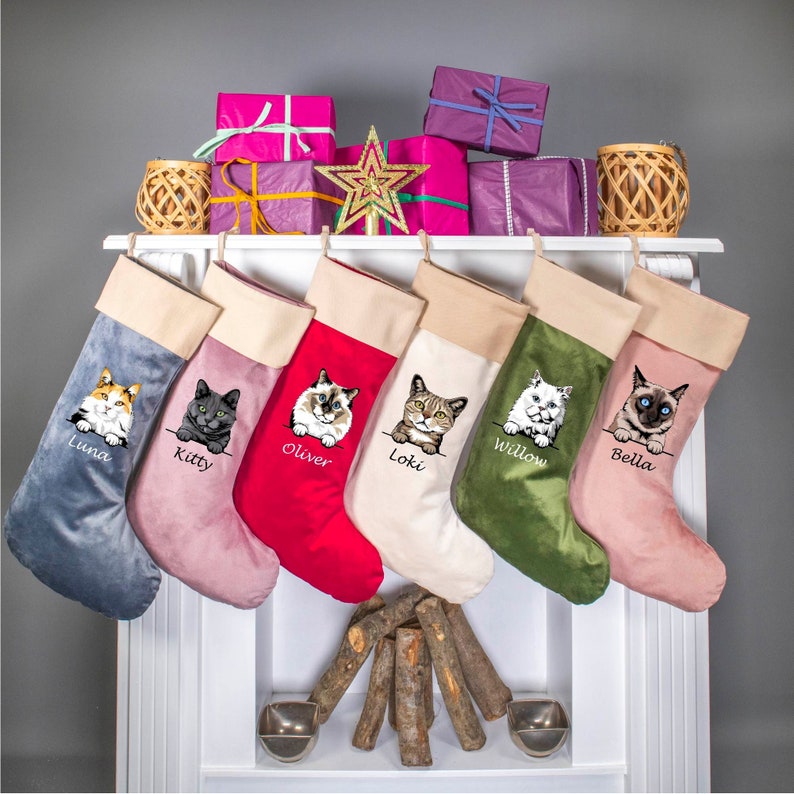 Cat Christmas Velvet Stockings, Personalized Christmas Cat Stockings, Custom Velvet Stocking, Pet Stockings, Christmas Decoration for Family image 1