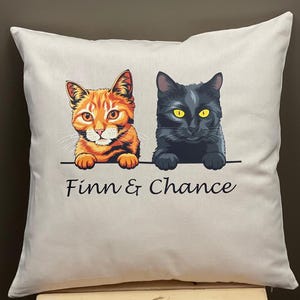 May include: A white pillow with a black and orange cat illustration. The cats are peeking over a surface and the text "Finn & Chance" is printed below them.