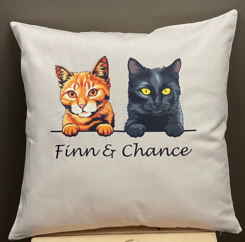 May include: A white pillow with a black and orange cat illustration. The cats are peeking over a surface and the text "Finn & Chance" is printed below them.